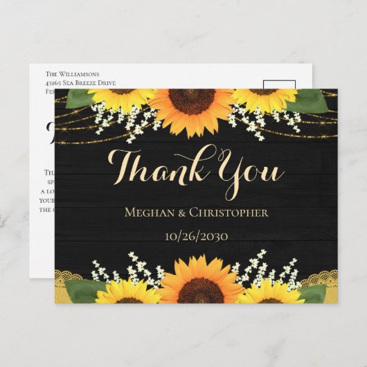 黒素朴木金ゴールドひまわり結婚の感謝 ポストカード (正面/裏面)