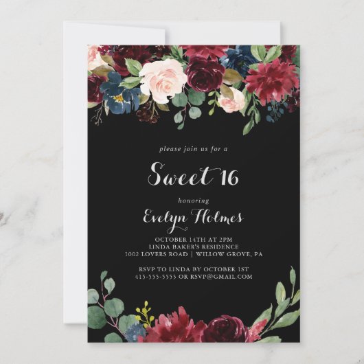 黒素朴植物性甘い16誕生日パーティー 招待状 (正面)