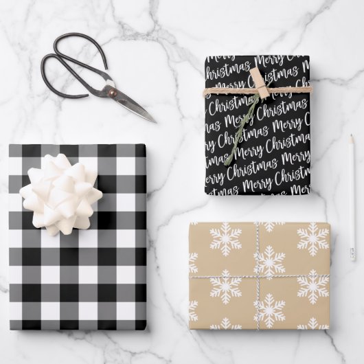 黒素朴水牛のプレイドメリークリスマス ラッピングペーパーシート (正面)