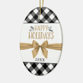 黒素朴水牛プレイドHAPPY HOLIDAYS写真 セラミックオーナメント (左)