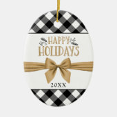 黒素朴水牛プレイドHAPPY HOLIDAYS写真 セラミックオーナメント (正面)