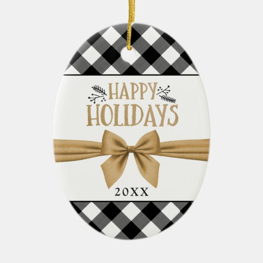 黒素朴水牛プレイドHAPPY HOLIDAYS写真 セラミックオーナメント (正面)