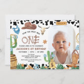 黒素朴牛プリントカウボーイロデオ1歳の誕生日 招待状 (正面)