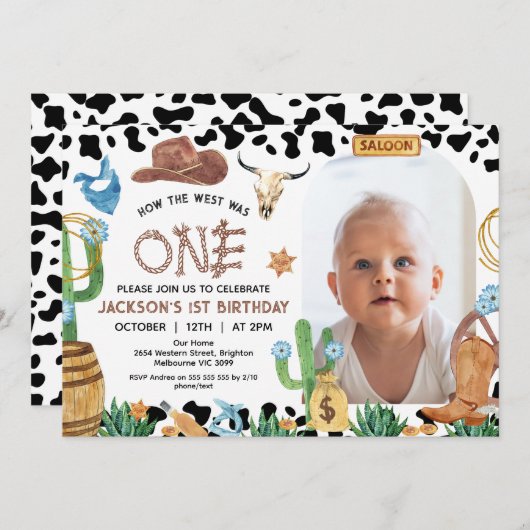 黒素朴牛プリントカウボーイロデオ1歳の誕生日 招待状