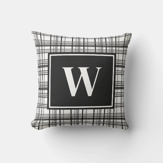 黒素朴白の格子模様モノグラム クッション (正面)
