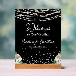 黒素朴白バラのストリングライトへようこそ アクリルサイン