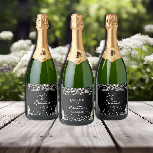 黒素朴白バラのストリングラ結婚イト スパークリングワインラベル