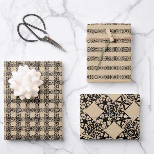 黒素朴茶色クラフトのプレイド&レースストライプレース ラッピングペーパーシート (正面)