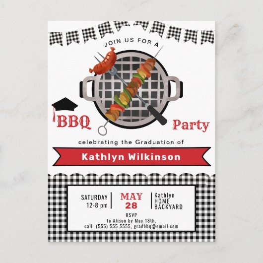 黒素朴赤の格子模様の写真卒業BBQパーティー インビテーションポストカード (正面)