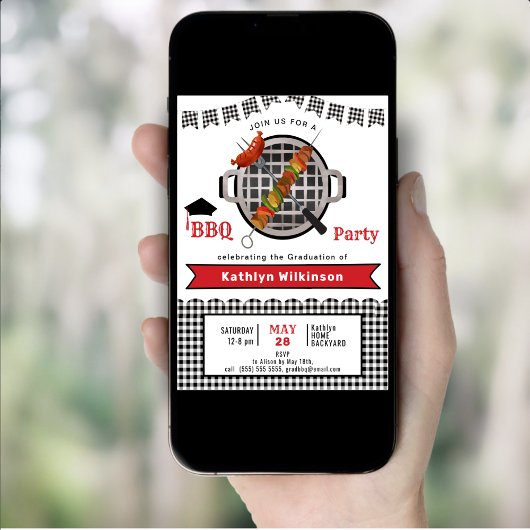 黒素朴赤の格子模様3写真卒業BBQ 招待状