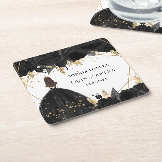 黒素朴金ゴールドフローラプリンセスキンセアニェラ スクエアペーパーコースター (アングル)