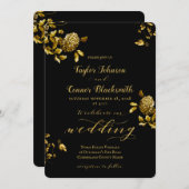 黒素朴金ゴールドフローラ書結婚の 招待状 (正面/裏面)