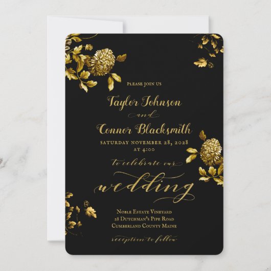 黒素朴金ゴールドフローラ書結婚の 招待状 (正面)