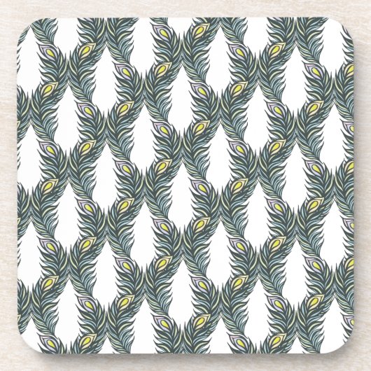 黒素朴、緑、白の孔雀の羽 コースター (正面)