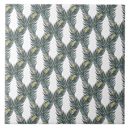 黒素朴、緑、白の孔雀の羽 タイル (正面)