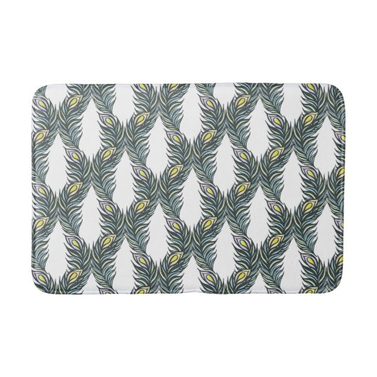 黒素朴、緑、白の孔雀の羽 バスマット (正面)