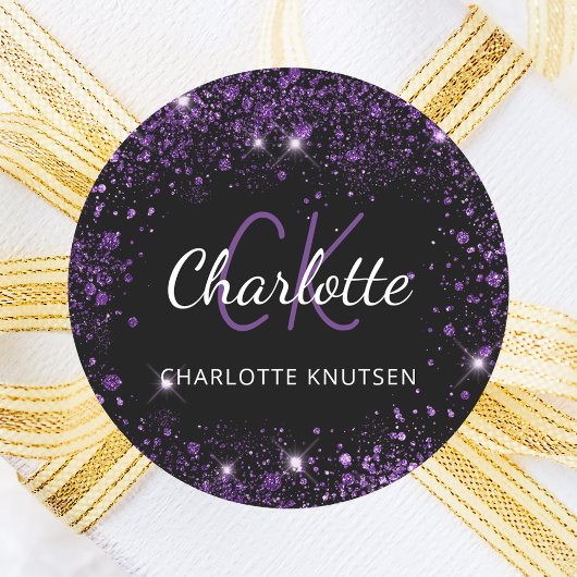 黒紫のグリッター ダスト モノグラムイニシャル 名前 ラウンドシール
