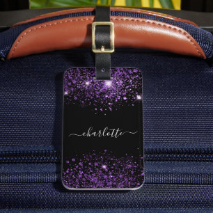 黒紫グリッターダストモノグラム名スクリプト ラゲッジタグ