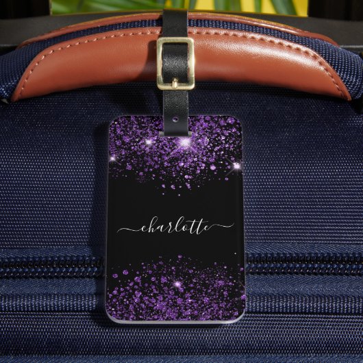黒紫グリッターダストモノグラム名スクリプト ラゲッジタグ (正面インサイチュ2)