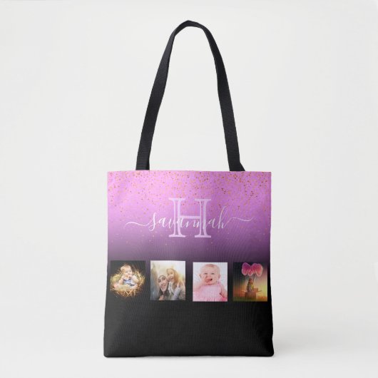 黒紫色のフォトコラージモノグラム名 トートバッグ (正面)