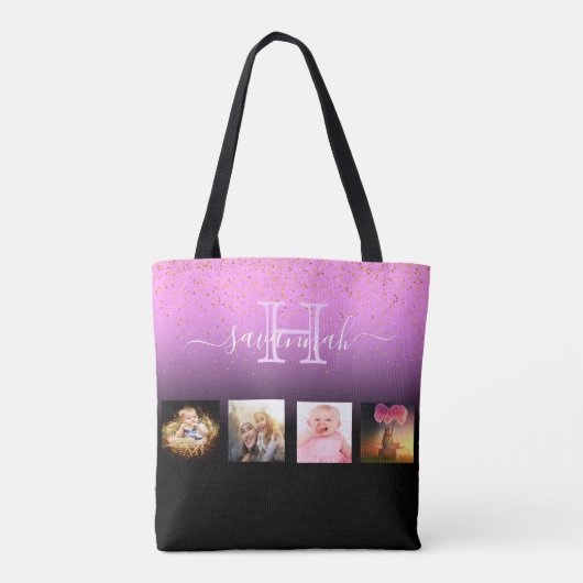 黒紫色のフォトコラージモノグラム名 トートバッグ (裏面)