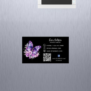 黒紫色の蝶の花QRコードFacebook マグネット名刺