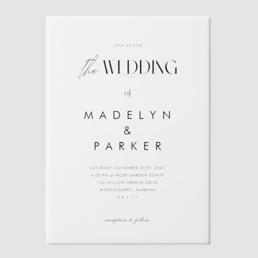 黒結婚字ミニマルモダンの結婚物 ベラム紙招待状 (正面)