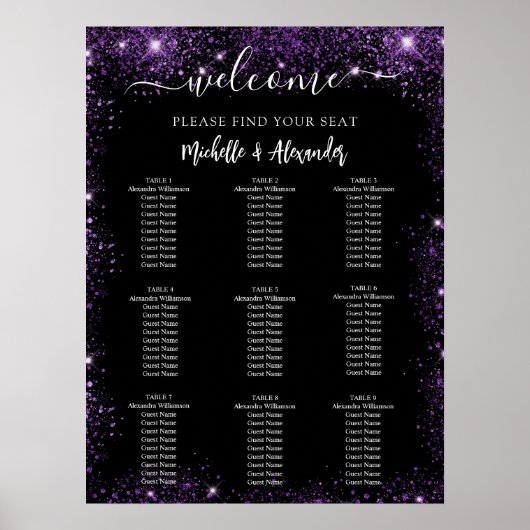 黒結婚紫のウェルカムテーブルシーティングチャート ポスター (正面)