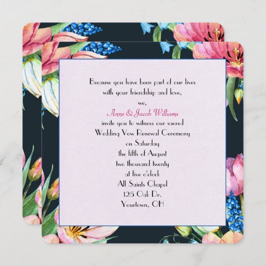 黒結婚色の更新水色フローラ 招待状 (正面/裏面)