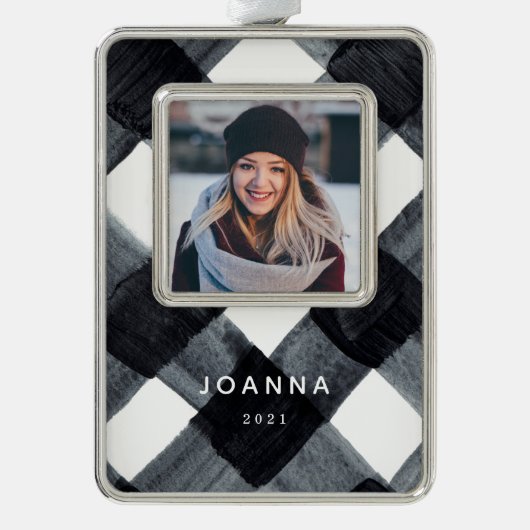 黒絵を描白バッファローのプレイドと写真Ch シルバープレートフレームオーナメント (正面)