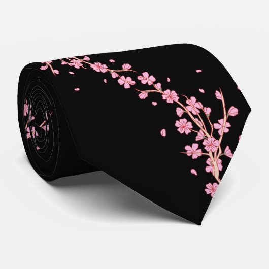 黒絹のネクタイに咲く優雅な桜 ネクタイ (ロール)