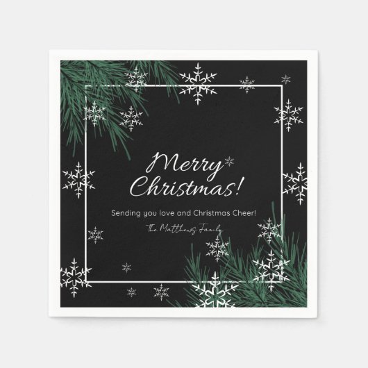 黒緑の雪の結晶メリークリスマス スタンダードカクテルナプキン (正面)