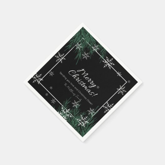 黒緑の雪の結晶メリークリスマス スタンダードカクテルナプキン (角)