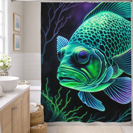 黒緑背景にチョークで描かれた魚 シャワーカーテン