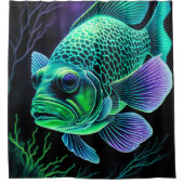 黒緑背景にチョークで描かれた魚 シャワーカーテン (正面)