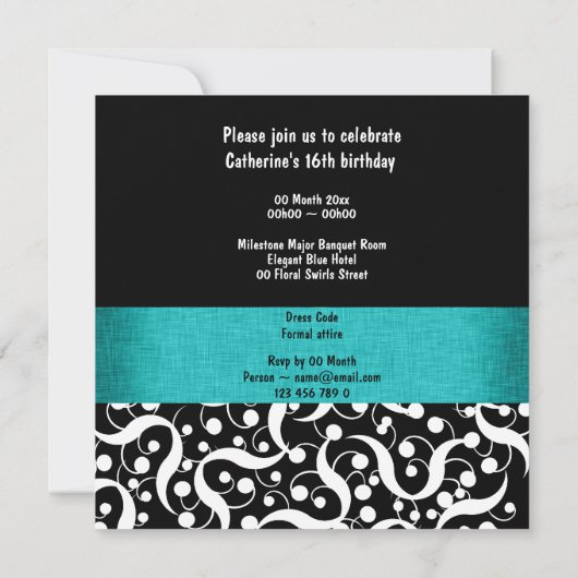 黒緑色の水のような優雅なあらゆる年齢の祝賀会 招待状 (裏面)