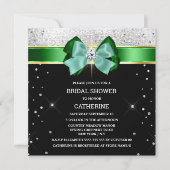 黒緑色の銀色のきらめくの弓輝きグリッター 招待状 (正面)