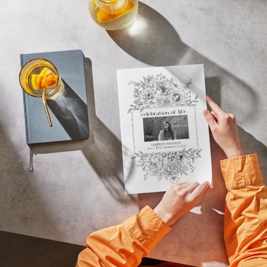 黒線花模様写真コラージュ葬儀プログラム 招待状