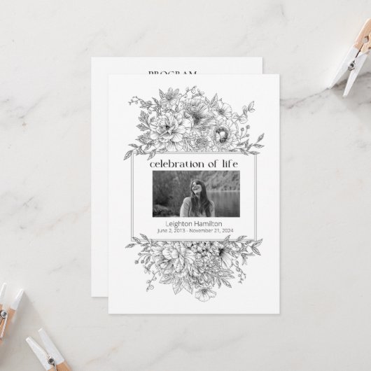 黒線花模様写真葬儀プログラム 招待状 (正面/裏面インサイチュ)