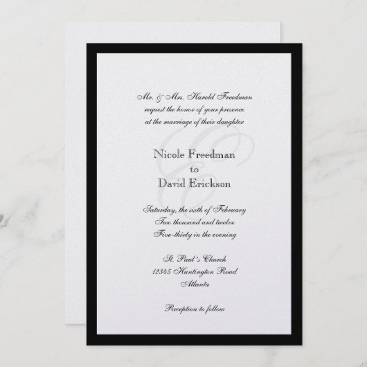 黒縁ど伝統的結婚きらめく 招待状 (正面/裏面)