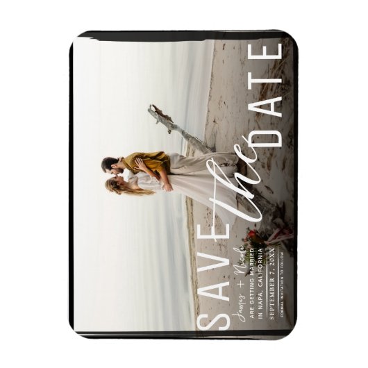 黒縁ど重ね写真の保存結婚日 マグネット (縦)