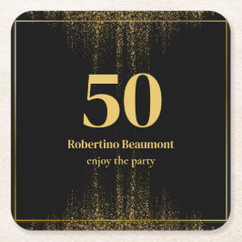 黒縁ど金ゴールドモダングリッター50誕生日 スクエアペーパーコースター