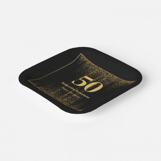 黒縁ど金ゴールドモダングリッター50誕生日 ペーパープレート (傾斜あり)