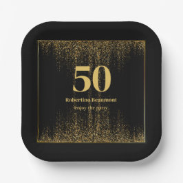 黒縁ど金ゴールドモダングリッター50誕生日 ペーパープレート