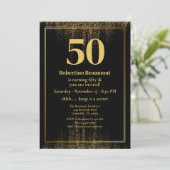 黒縁ど金ゴールドモダングリッター50誕生日 招待状 (スタンド正面)