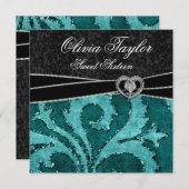 黒翡翠グリーン グリッター スイート シックスティーン 誕生日 招待状 (正面/裏面)