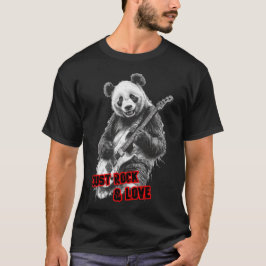 黒背景でエレキギターを弾くパンダのロックンロール Tシャツ