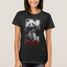 黒背景でエレキギターを演奏するパンダのロックンロール Tシャツ