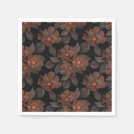 黒背景にオレンジと茶色の花 スタンダードカクテルナプキン
