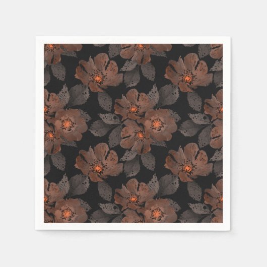黒背景にオレンジと茶色の花 スタンダードカクテルナプキン (正面)